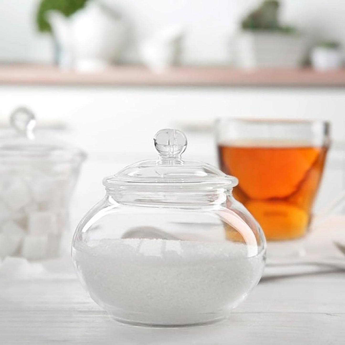 Frcctre Set of 2 Glass Sugar Bowl with Spoon and Lid, 11 Ounces Small Clear Salt Spice Pepper Seasoning Jar Condiment Container for Home Kitchen Coffee Bar
