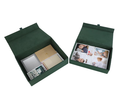 HofferRuffer Photo Storage Boxes with Dust-Proof Lid, Set of 2 Faux Leather Lidded Storage Bins, Photo, Jewelry, Scrapbooking Supplies, Keepsake Organizer for Elegant Home & Office Decor (Green)
