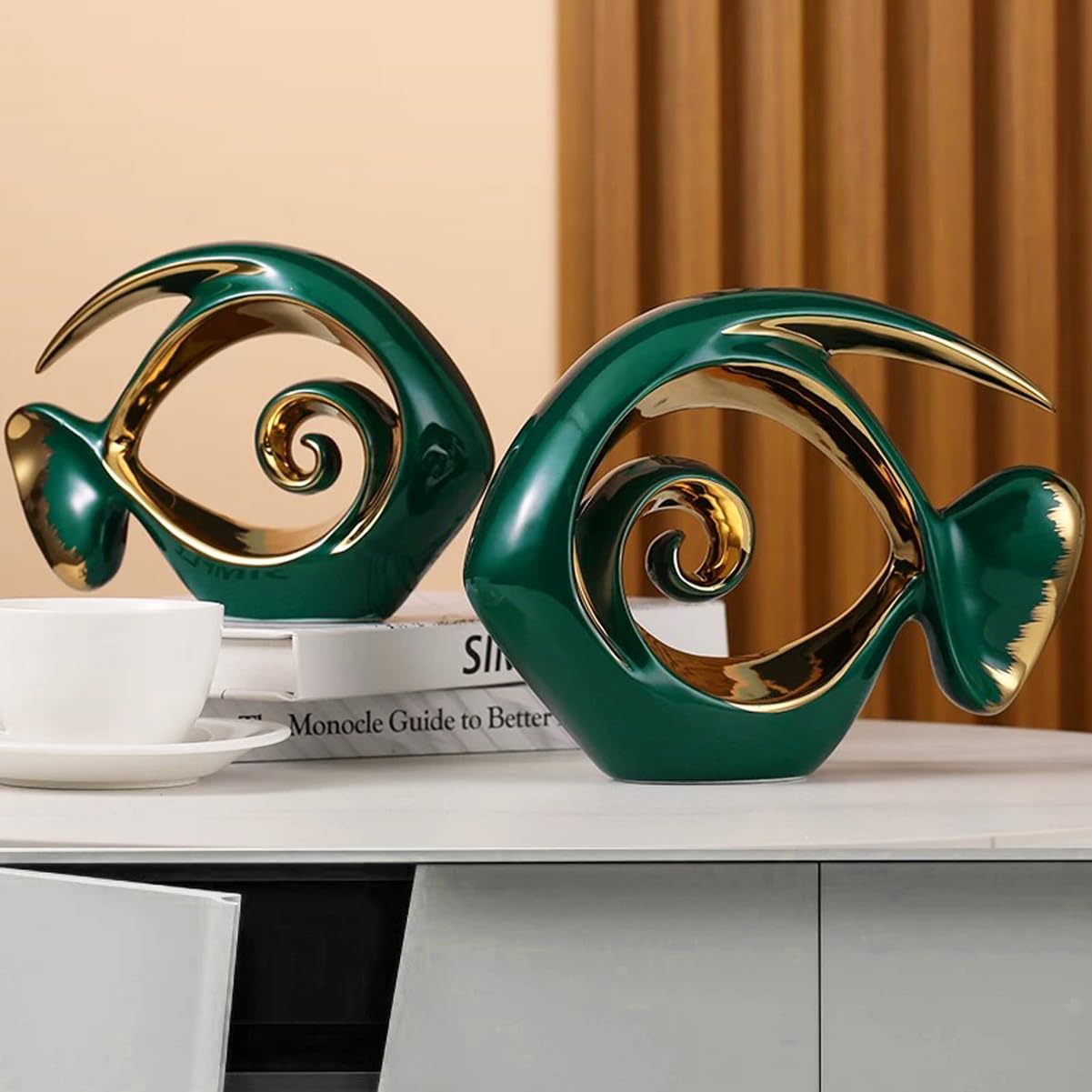 Tuioyoc Ceramic Statues Angelfish Home Decor Modern Style Figurine Green and Gold Decorative Ornaments for Living Room, Table Centerpiece, Kitchen, Office Desktop, Shelf, Entryway Decoration