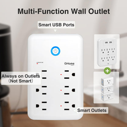 GHome Smart Plug Outlet Extender, Surge Protector with 3 Individually Controlled Smart Power Strips and 3 Smart USB Ports, Smart Plugs that Works with Alexa Google Home, Smart Outlet, 15A/1800W, Black