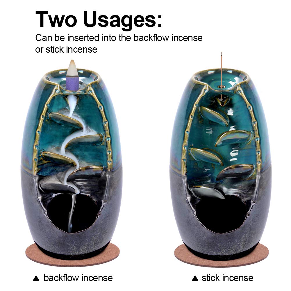 SPACEKEEPER Ceramic Backflow Incense Holder Waterfall Incense Burner, Aromatherapy Ornament Home Decor with 120 Backflow Incense Cones + 30 Incense Stick , Blue Set