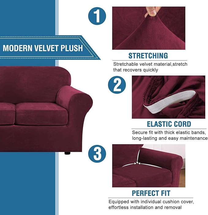 H.VERSAILTEX Modern Velvet Plush 4 Piece High Stretch Sofa Slipcover Sofa Cover