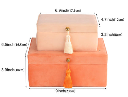 HofferRuffer Velvet Jewelry Boxes Decorative Boxes, Storage Accessory Organizer Boxes with Elegant Handle Decor, Classic Velvet Set of 2 Pieces (Orange)