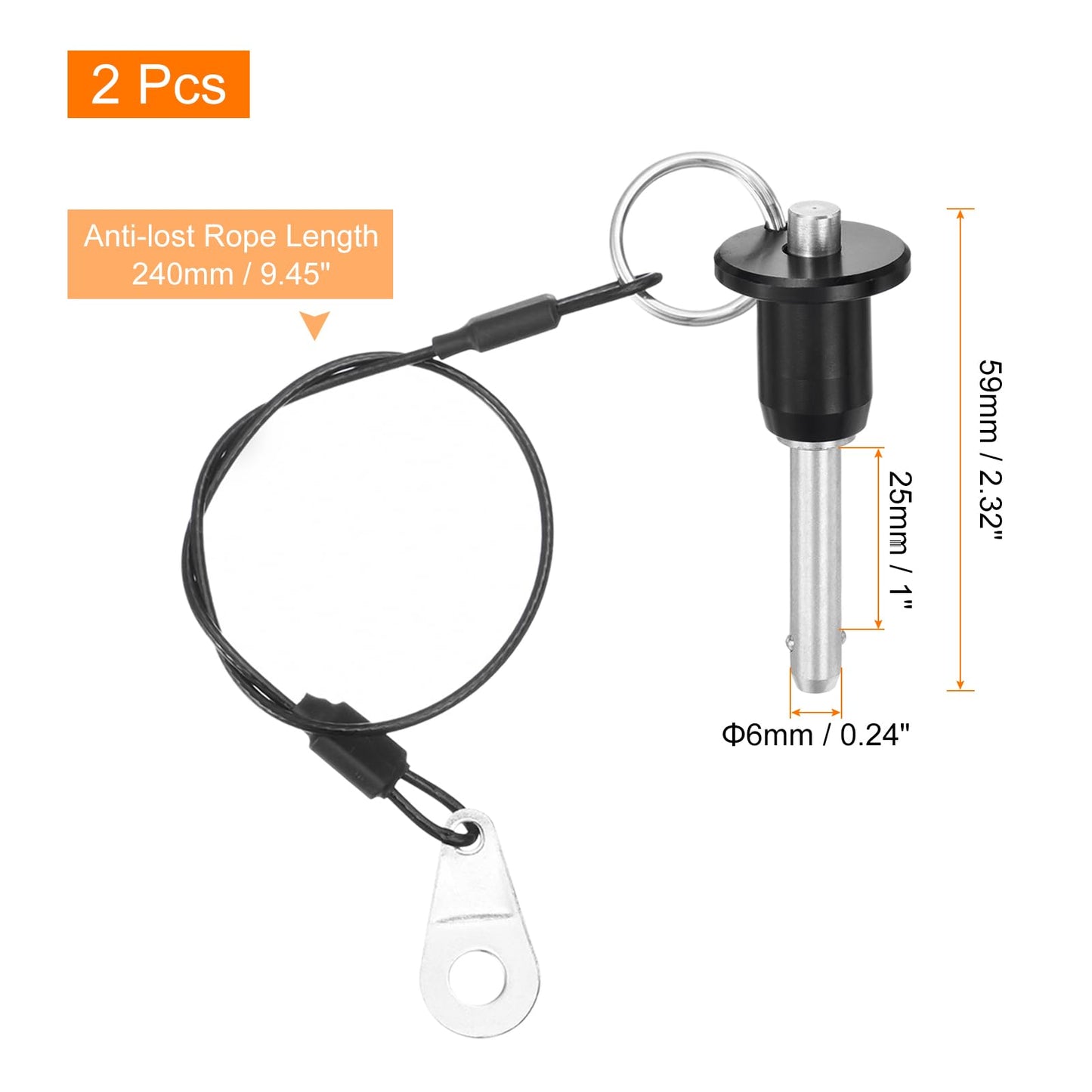 uxcell 2 Pcs Quick Release Pin, 1/4" x 1"(Dia. x L) Ball Locking Pin with Push Button 304 Stainless Steel Ring Handle Locking Pin with Wire for Audio Bimini Top Marine, Silver