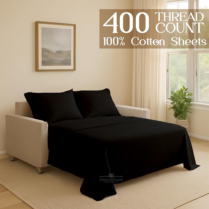 Sleeper Sofa Bed Sheet, 100% Cotton 400 Thread Count, 4 Piece Set, Deep Pocket