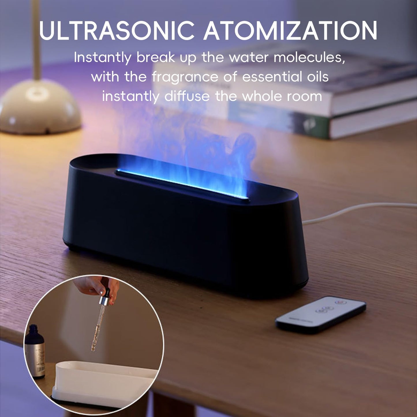 Essential Oil Diffuser, Fireplace Fire Flame Aromatherapy Diffuser, 250ml Cool Mist Humidifier, Scent Aroma Diffuser with 7 Colors Light, Remote Control, Timer & Auto-Off for Home, Room (Black)