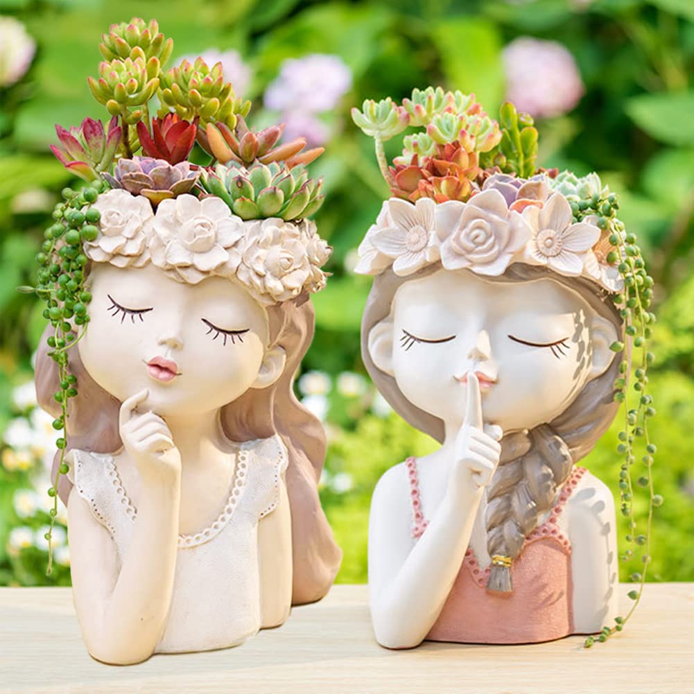 Adorable large girl face planter cute big succulent pot with drainage hole Tall lady head planter resin flower pot Decorative vase for plants