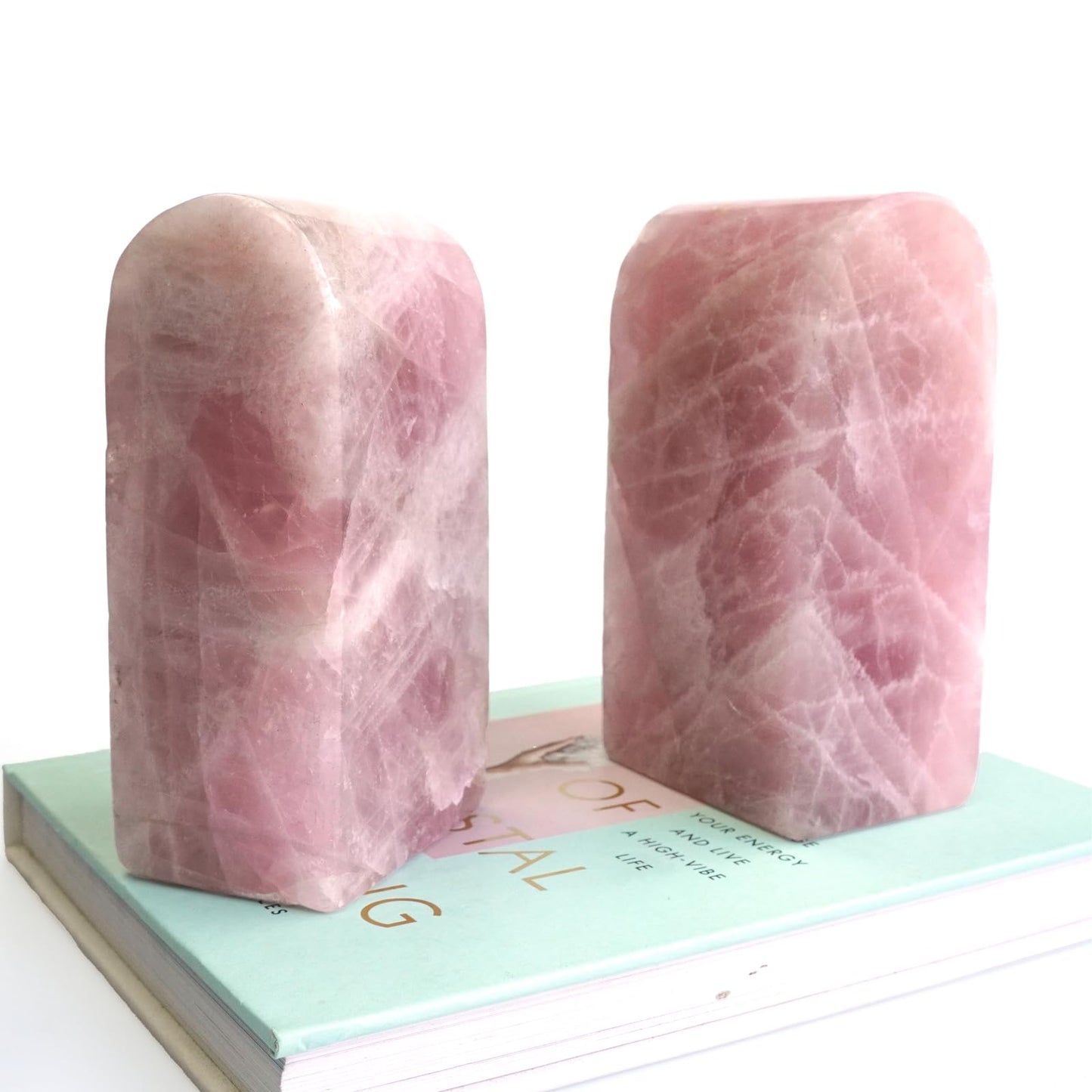 Sisamn Natural Rose Quartz Bookends 3.5-4 lbs Pink Crystal Stone Decorative Bookends with Non-Slip Bumpers for Home and Office Decor