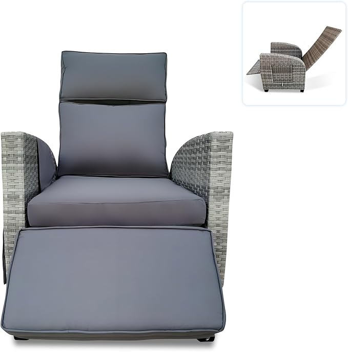Wicker Outdoor Recliner | 145° Wicker Patio Reclining Chair with 4" Cushion | Air Pump Adjustable Backrest & Footrest, Flip-up Table & Side Pocket for Yard Patio Porch (Gray)