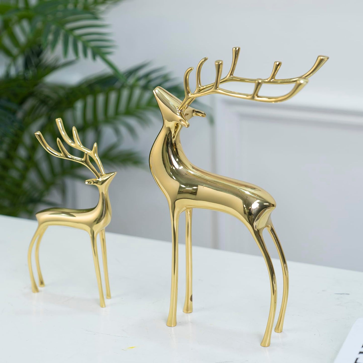 Reindeer Figurine Statues Deluxe Set of 2, Christmas Deer Pure Copper Heavy Reindeer Ornaments for Home Decor Accents Living Room Office Bookself Tabletop Mantle Christmas Decoration, Gold