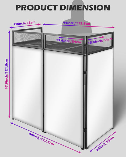 STRICH Portable DJ Facade Table Station, Foldable DJ Booth with Black & White Scrim, 44”X 20” Metal Frame Display Stand with Removable Triangle Shelf, Cable Hole and Carry Bag for Show, Party, Studio