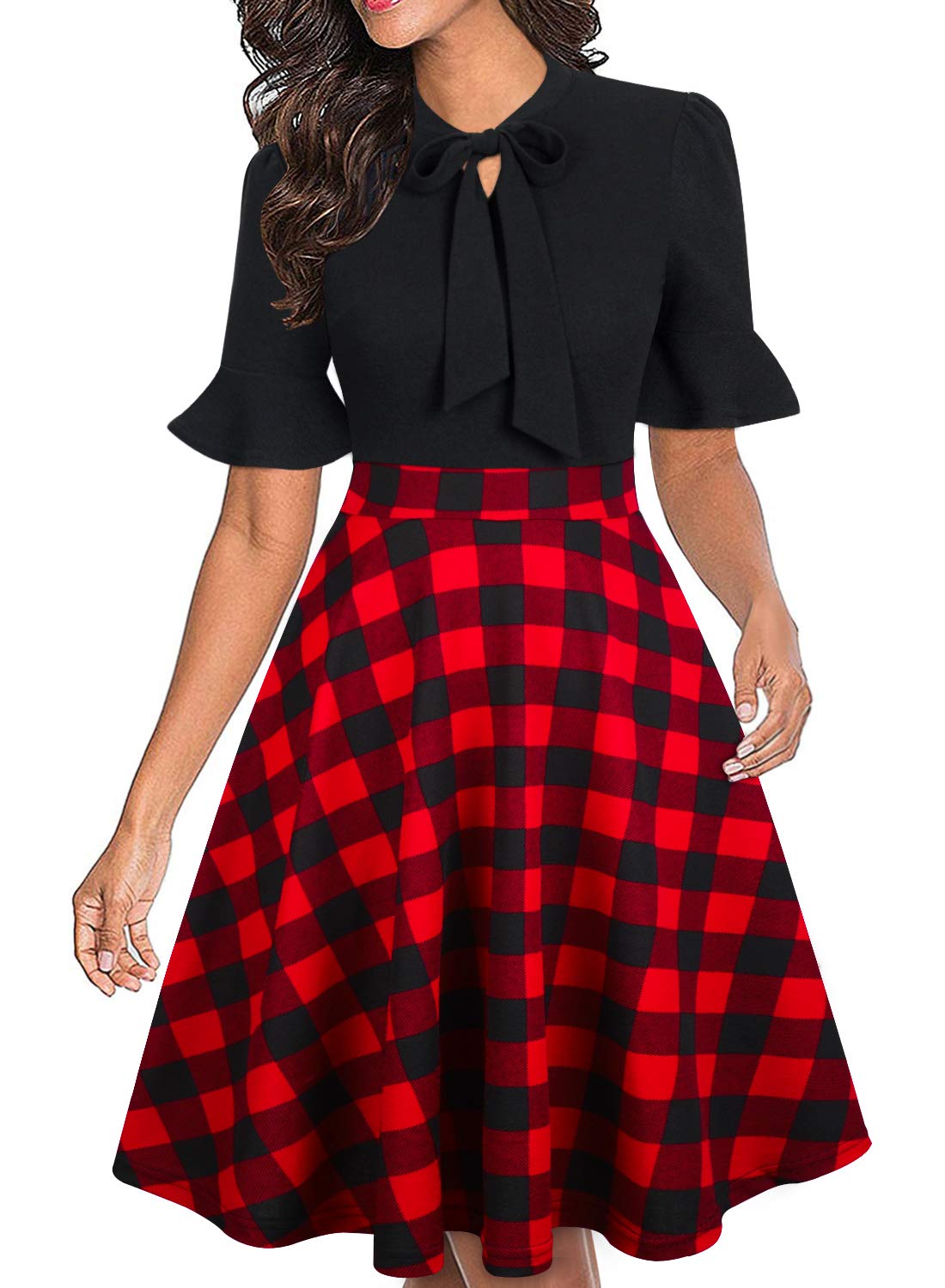 Christmas Plaid Dresses for Women 2025 Red and Black Buffalo Vintage Fit and Flare A Line Hoilday Ladies Dress M