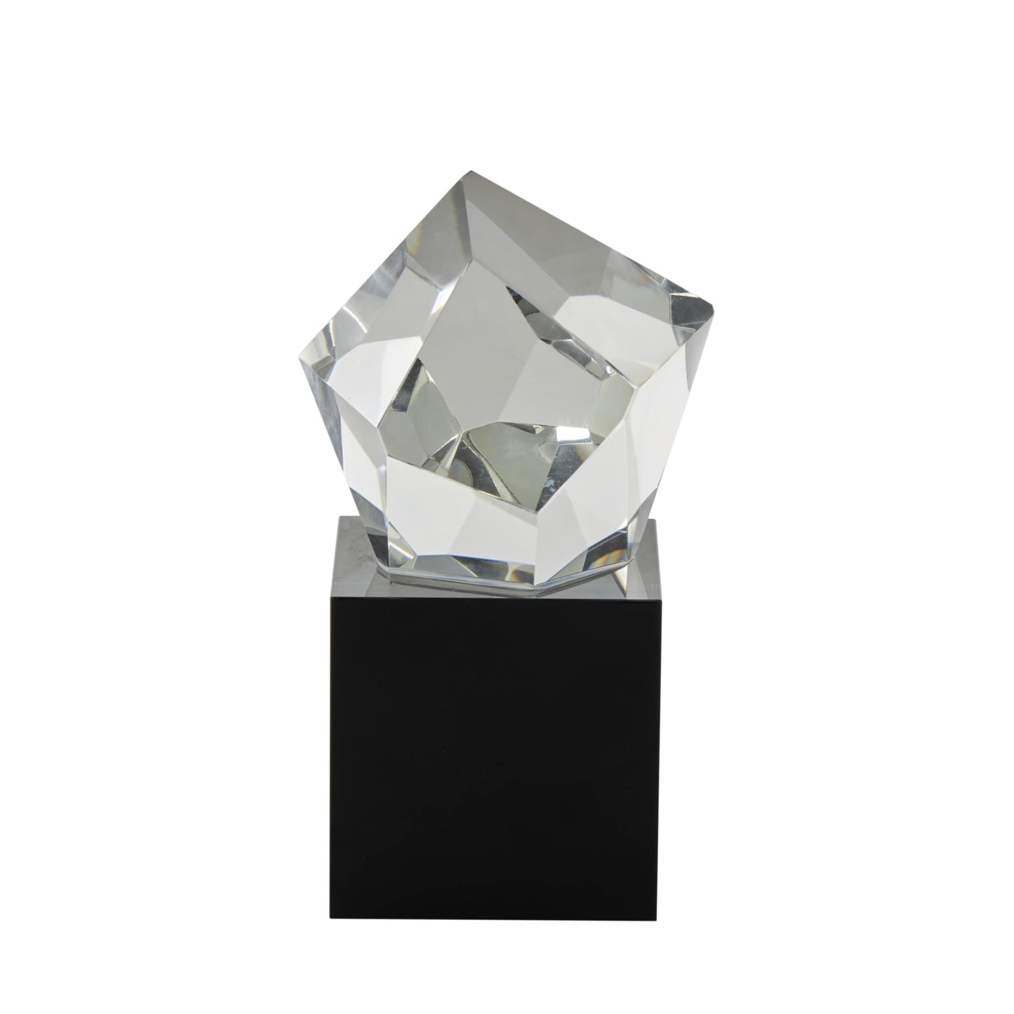 Deco 79 Glass Abstract Decorative Sculpture Cut Stone Inspired Home Decor Statue with Black Base, Accent Figurine 4" x 4" x 7", Clear