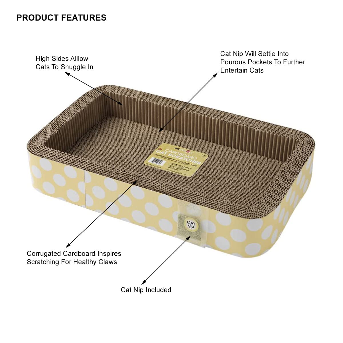 Petrageous 13079 Jerrys Rectangular Corrugated Cat Lounge Scratcher 20-Inch Long 12-Inch Wide 3.5-Inch Tall with Cat Nip is Great for Cats, Yellow (Pack of 1)
