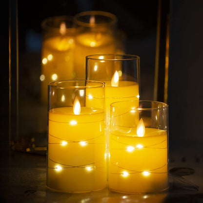 salipt LED Flameless Candles, Battery Operated Flickering Candles, Moving Flame Electric Candle Sets Glass Effect with Remote Timer, Set of 3, H 4" 5" 6" - Fairy Lights Ivory
