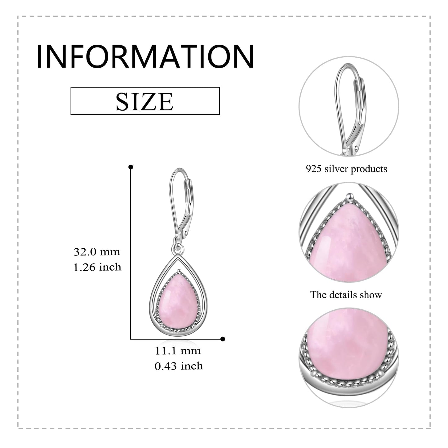 VONALA Valentine's Day Gifts 925 Sterling Silver Rose Quartz Leverback Earrings Pink Stone Teardrop Drop Dangling Earrings Jewelry Gift for Women