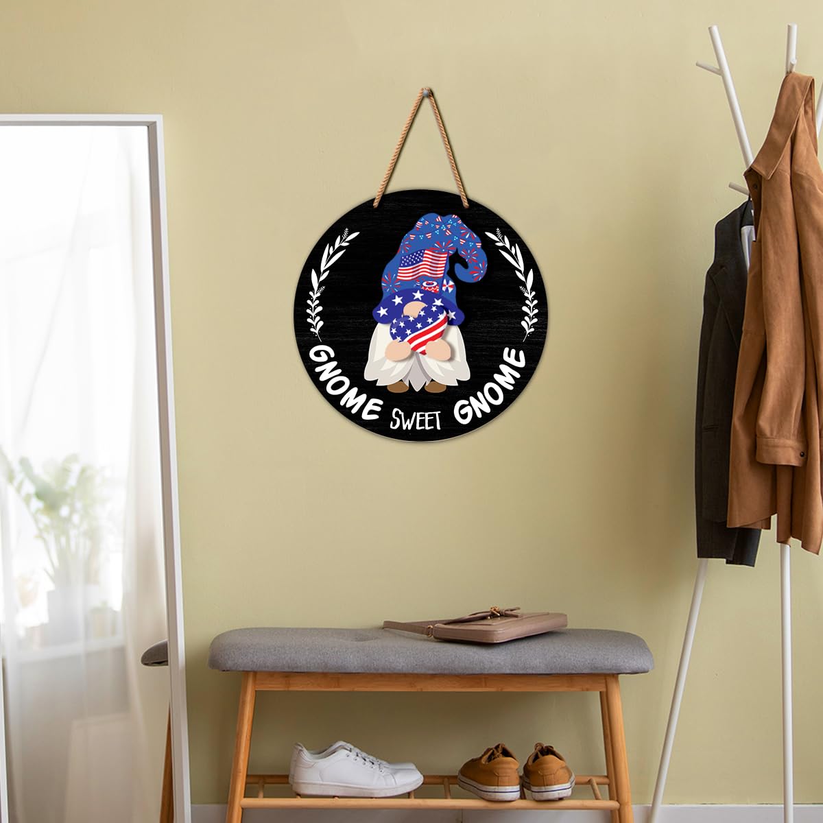 Interchangeable Gnome Welcome Sign Summer Patriotic 4th of July Door Decorations, Changeable Seasonal Front Porch Decor Wood Wreath Gnomes Gifts for Spring Fall Winter All Seasons Holiday, Black