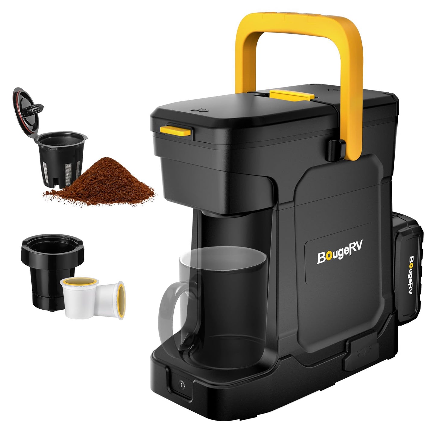 BougeRV Coffee Maker with 18V 8Ah Battery Powered Compatible with K Cup Coffee Pods & Ground Coffee, Portable Coffee Maker Cordless with AC/DC Power for Travel, Camping, Outdoor, Jobsite, RV, Home