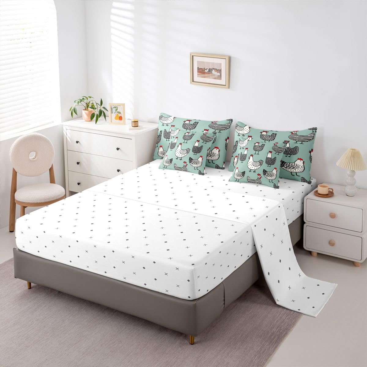 Erosebridal Chicken 7 Pcs Bedding Set Full Cartoon Chick Comforter Set with Sheets Cute Farmhouse Animal Bed in A Bag Teal Black Bedroom Decor