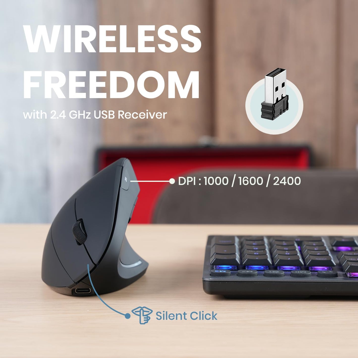 Perixx PERIMICE-713 Wireless Ergonomic Vertical Mouse - 800/1200/1600 DPI - Right Handed - Recommended with RSI User