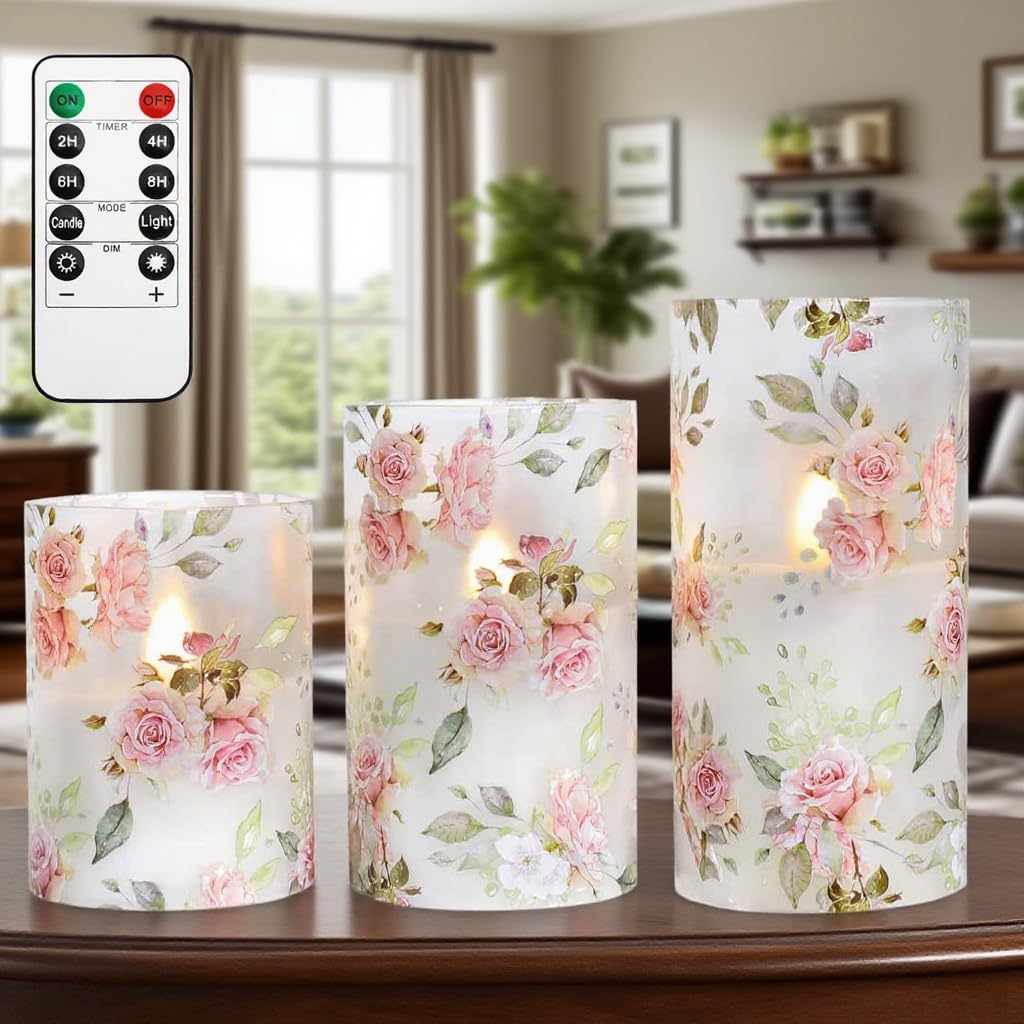 GORGE MOMENT Rose Flameless Candles Love Theme Battery Operated Glass Flickering LED Candle with Remote Pink Flower Decal Realistic Pillar Candles Bedroom Home Decor Table Ornament