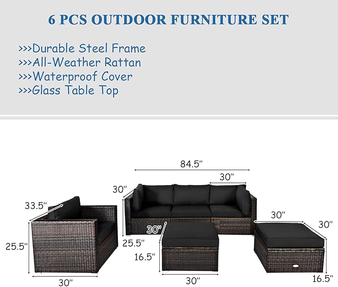 Tangkula 6 Pieces Wicker Patio Furniture Set, PE Rattan Outdoor Sectional