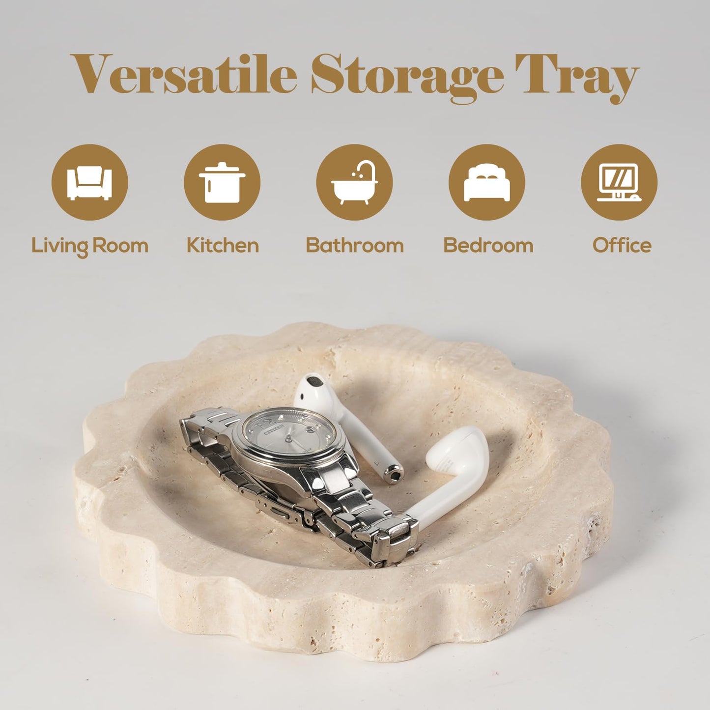 Koville 5.51" Travertine Tray, Natural Stone Trinket Dish for Ring Perfume, Round Scalloped Decorative Tray for Bathroom Vanity Dresser Countertop, Home Table Decor