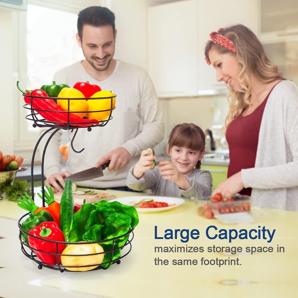 Auledio Iron 2-Tier Countertop Fruit Vegetables Basket Bowl Storage With Banana Hanger, Black, 64 ounces