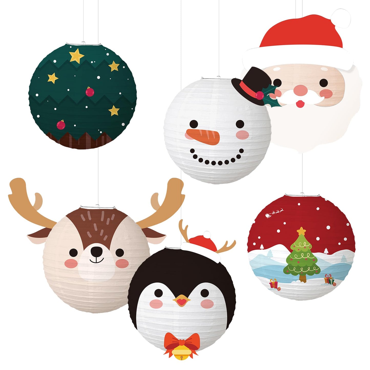 6 Pcs Christmas Hanging Paper Lanterns, 12 Inches Reindeer Santa Snowman Christmas Tree Round Hanging Paper Lanterns for Xmas Home Decoration Supplies Props Holiday Decor