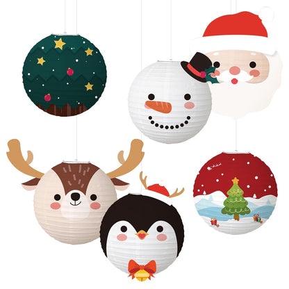 6 Pcs Christmas Hanging Paper Lanterns, 12 Inches Reindeer Santa Snowman Christmas Tree Round Hanging Paper Lanterns for Xmas Home Decoration Supplies Props Holiday Decor