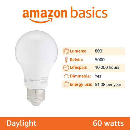 Amazon Basics A19 LED Light Bulbs, 60 Watt Equivalent, Energy Efficient 9W, E26 Standard Base, Soft White 2700K, Dimmable, 10,000 Hour Lifetime , 6-Pack