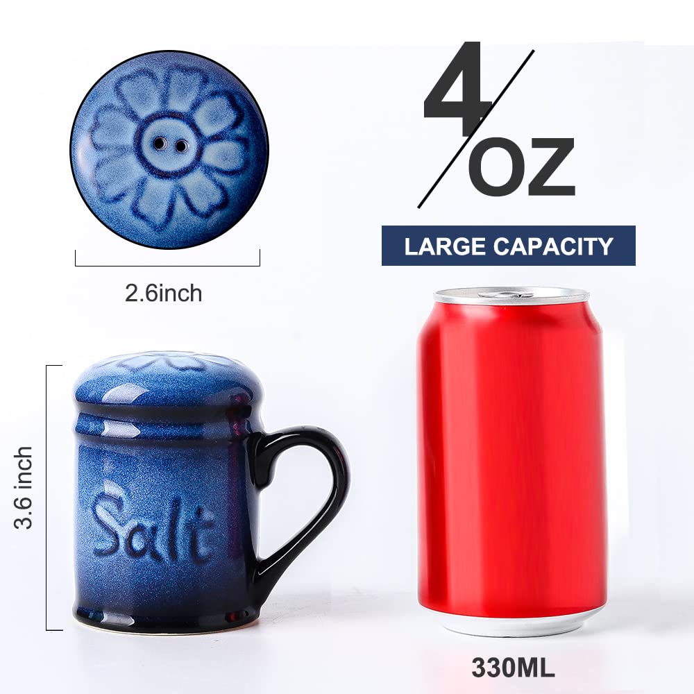 Nihow Ceramic Cute Salt and Pepper Shakers Set: 2.6 Inch Salt and Pepper Set/Sugar Salt Shaker with Handle for Counter -Resist Rusting Seasoning Shaker -Elegant Black & Blue (Set of 2)