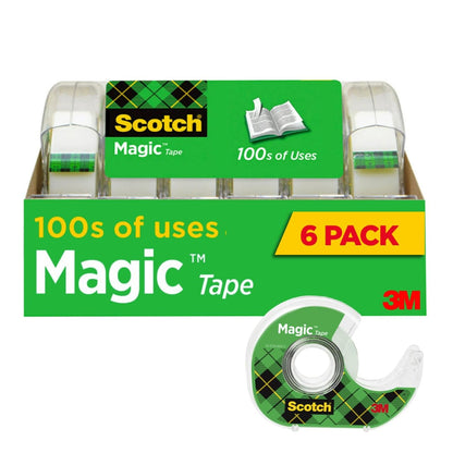 Scotch Magic Tape, Invisible, Repair Christmas Cards and Use as Holiday Gift Wrap Supplies for Christmas, 6 Tape Rolls with Dispensers