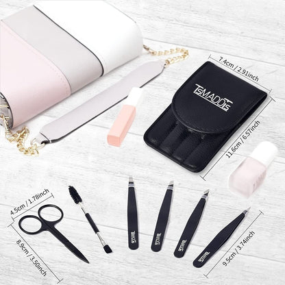 TsMADDTs 6 PCS Tweezers Set for Women, Eyebrow Tweezers with Curved Scissor for Ingrown Hair, Hair Plucking Daily Beauty Tools with Leather Travel Case