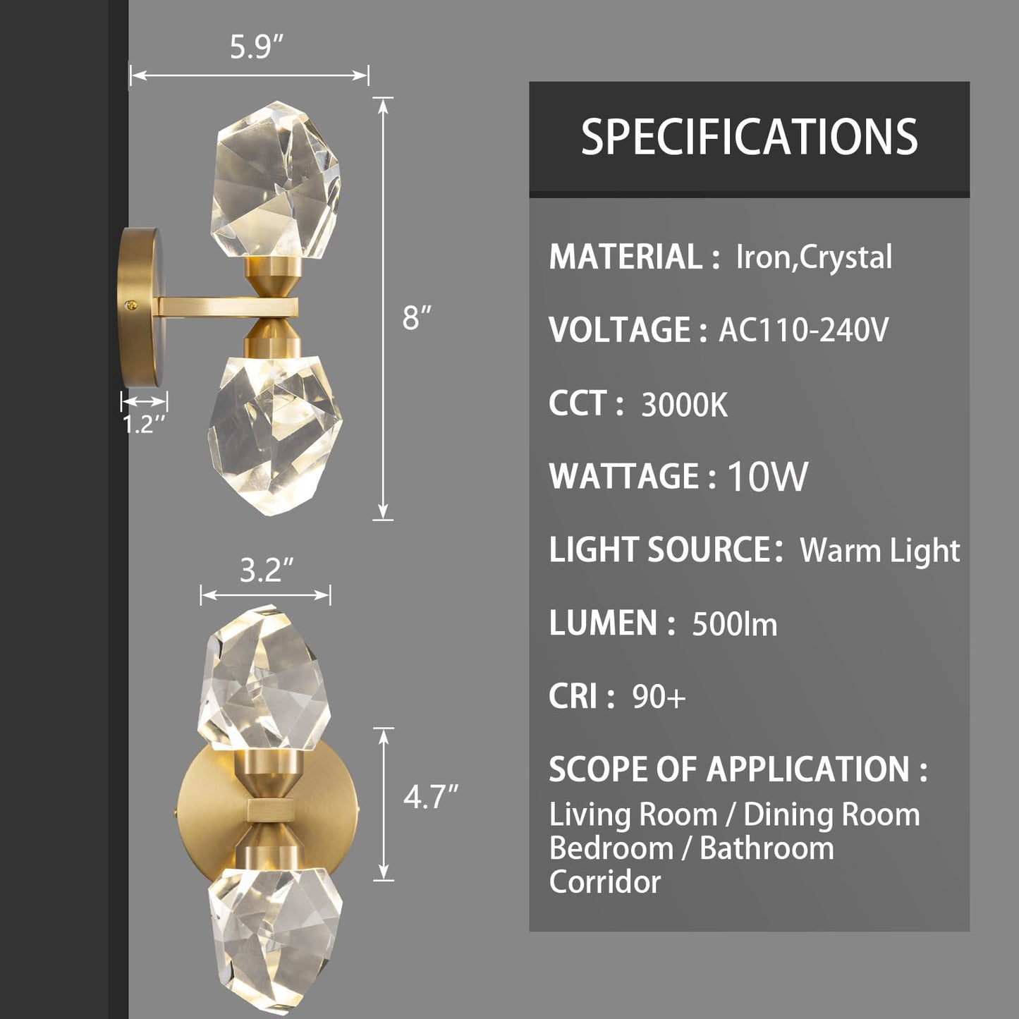HAIXIANG 2 Packs Wall Sconces - Gold Modern Crystal Vanity Lighting for Dining Room, Bedroom, Living Room, Entryway, Bathroom - Wall Mount Lighting Fixture - Warm Light