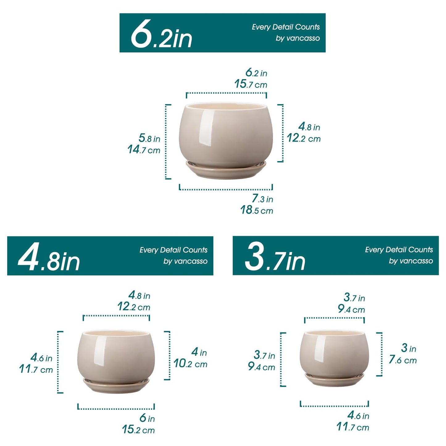 vancasso 3-Pack Ceramic Plant Pots, 3.7/4.8/6.2 Inch Indoor Planters with Saucers & Drainage Hole Planter pots for Indoor Plants and Flower, Gray