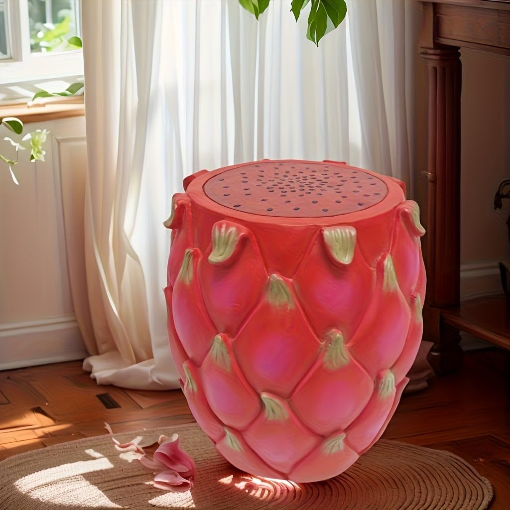 Foinfun 13.4" Dragon Fruit Resin Garden Stool, Tropical Decorative Side Table, Multi-Purpose Plant Stand Accent Furniture for Patio, Balcony, Living Room, Indoor & Outdoor Decor