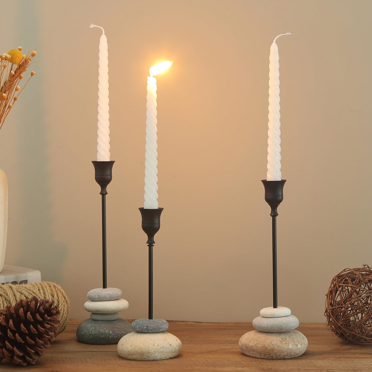 3 Pack Modern Tapered Candlestick Holders with Removable Cup, Handmade Stone Look Candle Holder, Weighted Base Resin Candle Sticks Holder Decor for Dining Table, Mantel & Home