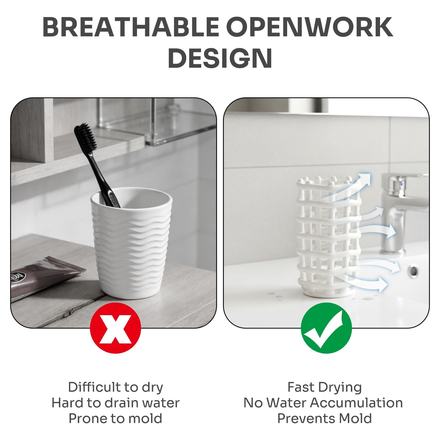 DODAMOUR Ceramic Toothbrush Holder, Boho Woven Grid Bathroom Cup, Breathable Openwork Makeup Brush Organizer, Modern Lattice Stand for Vanity Countertop, Toothpaste Storage - White