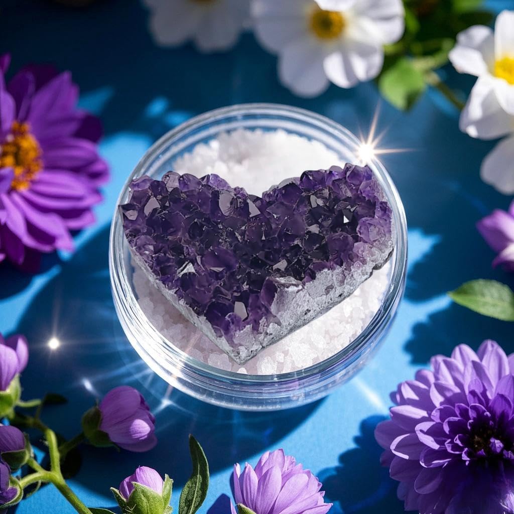 Luckeeper Crystals and Healing Stones Heart Crystal Amethyst Cluster Geode Raw Stones with Display Stand for Home Decor, Meditation, Spiritual Energy, 1Pc 2.34"-2.75"