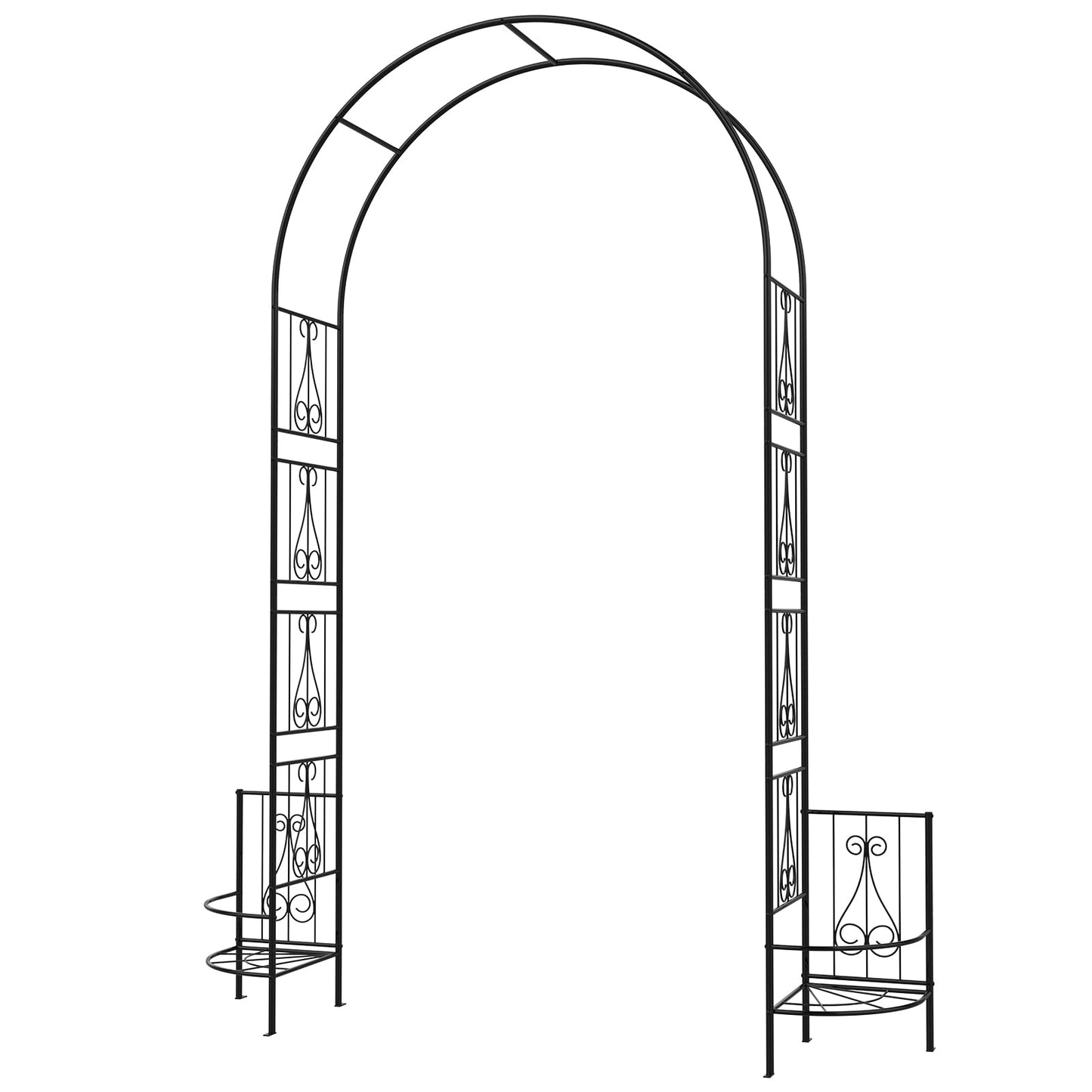 OUSHENG 8FT Metal Garden Arch Trellis with Planter Boxes for Climbing Plants Outdoor, Heavy-Duty Wedding Arch Backdrop Stand for Ceremony, Party, and Garden Decorations, Rust-Resistant Black Pergola