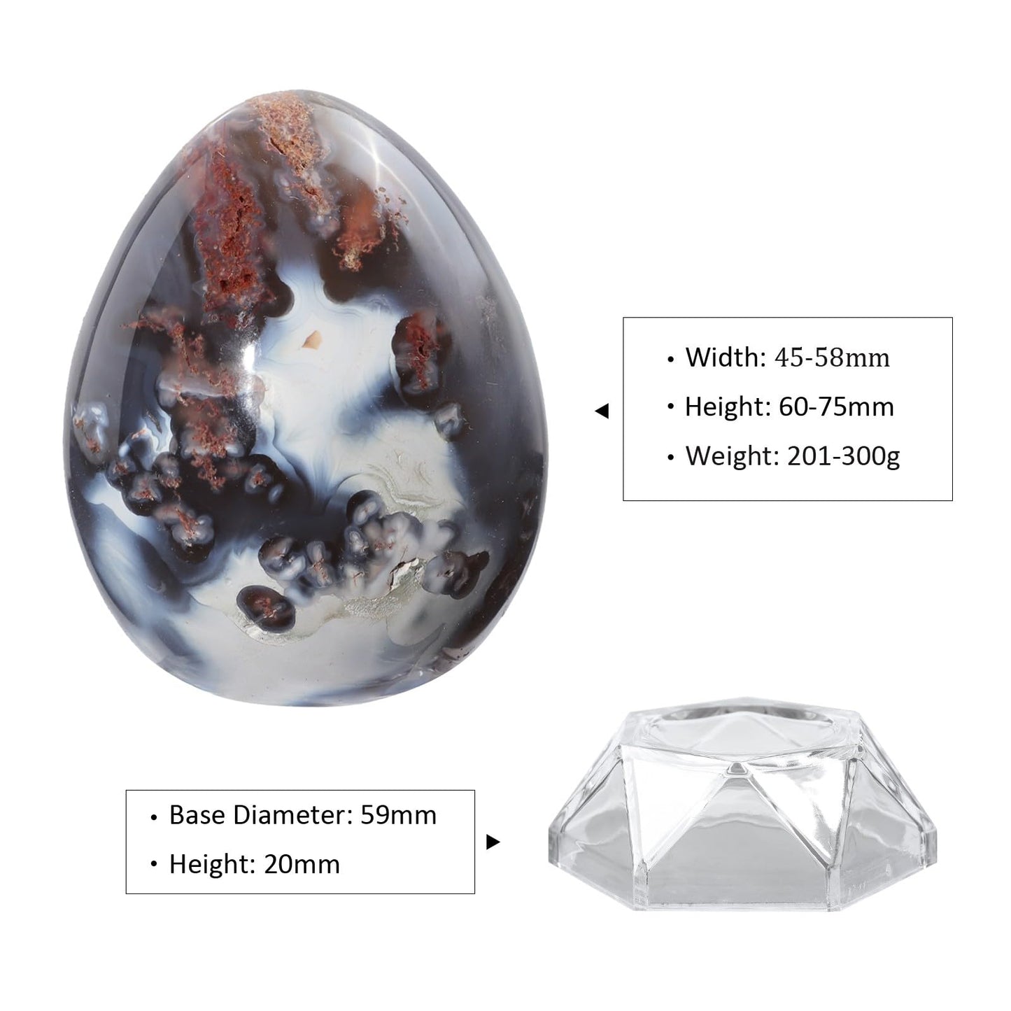 mookaitedecor Natural Orca Agate Crystal Egg Decor, Polished Geode Stone Egg with Acrylic Stand for Easter Home Tabletop Display, 60-75 mm High, 201-300g