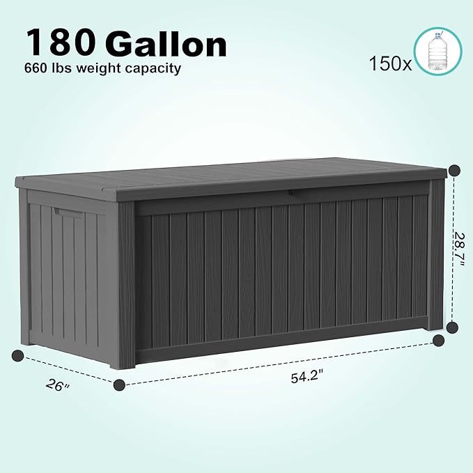 180 Gallon Resin Deck Box, Lockable Weatherproof Outdoor Storage Box for Furniture, Garden Tools and Tools Storage, Waterproof Outside Storage Boxes - Black