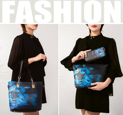 2E-youth Women's Set Tote Handbag Satchel Shoulder Bag Purse, 1d-Black&Blue, L