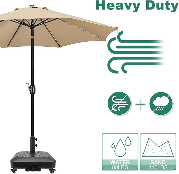 Patio Umbrella Base Heavy Duty with Wheels Square Market Stand for Outdoor 4 Locks 2 Knobs 125lb Capacity, Black
