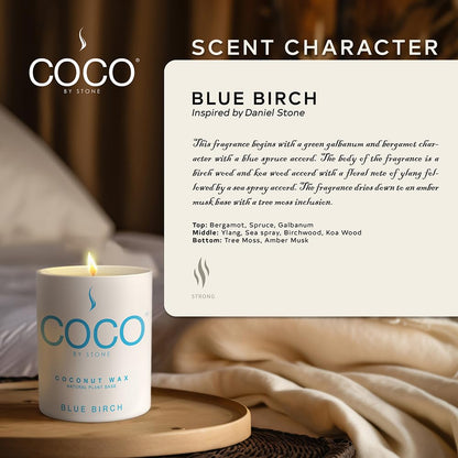 COCO by Stone 11oz Candle, Coconut Apricot Wax Candle for Home (Blue Birch) Home Fragrance Products, 1 Wick Candle, Enhance Indoor Aroma, Vegan & Cruelty-Free, Clean Burning and Hand Poured Candle