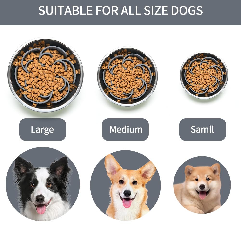 Slow Feeder Dog Bowls Insert,Third Generation upgradedSuper Firm Eating Bowl（Cuttable） for Large Breed and Medium Small Size Compatible with Regular Elevated Metal Glass Dog Bowl (Gray) (Grey)