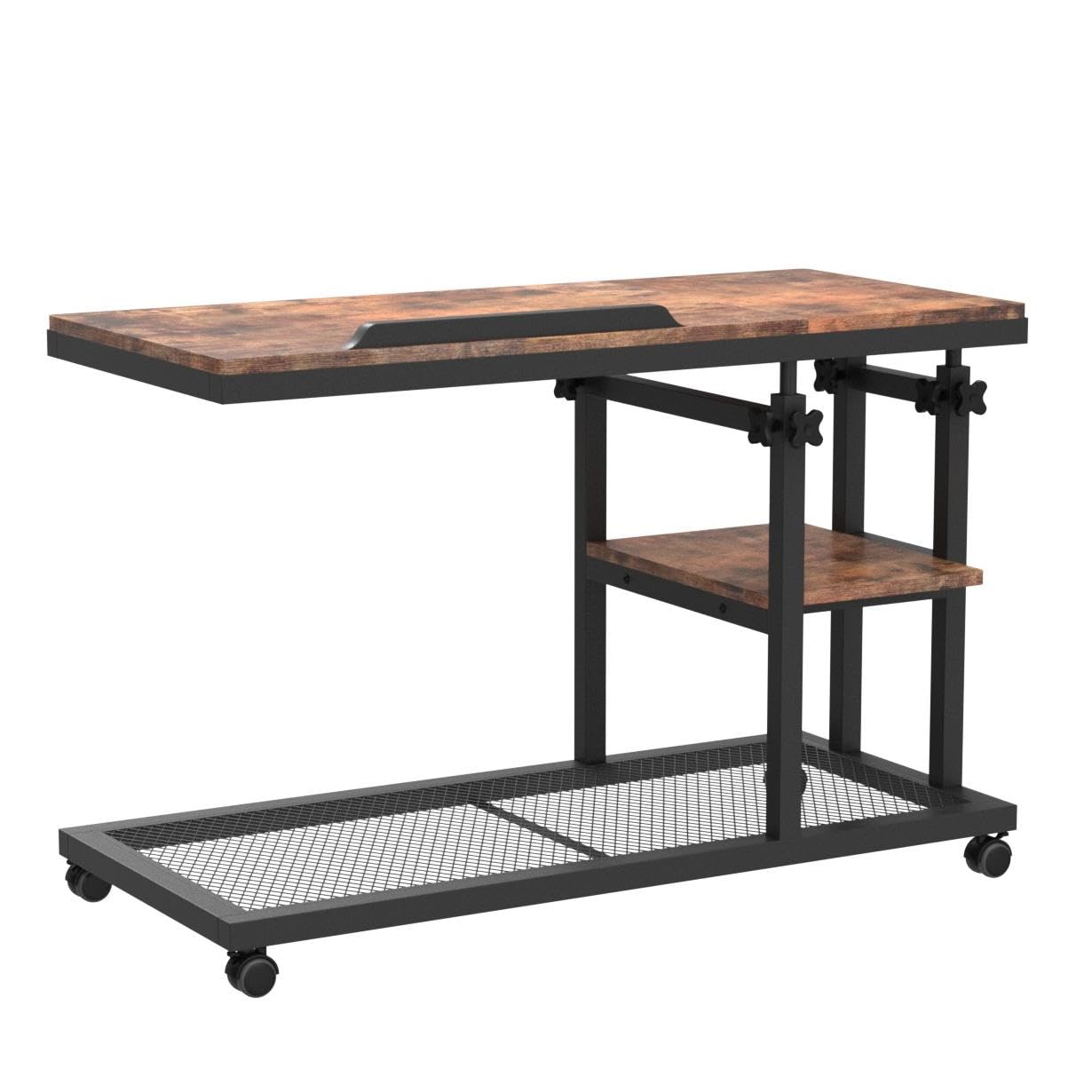 Tribesigns Height Adjustable C Table with Wheels, Mobile Couch Snack Side Table with Tiltable Drawing Board, Sofa Bedside Laptop Stand C Shaped TV Tray with Storage Shelves (Brown)