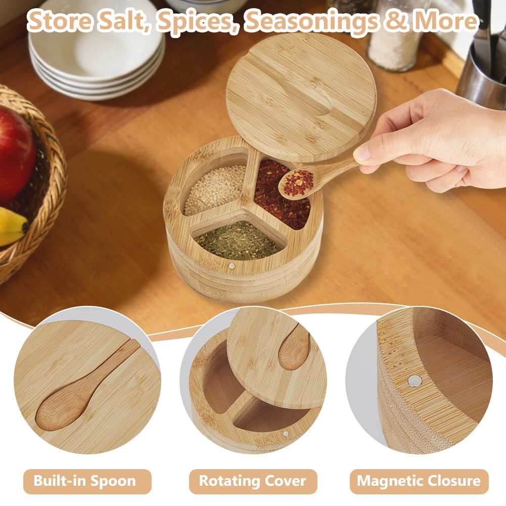 EVERJOYCRAFT 2pcs Wood Salt and Pepper Box 3 Compartment Salt Cellar with Swivel Lid and Built in Spoon for Countertop Spice Seasoning Condiment Jar Pepper Holder Bowl for Kitchen Storing Sugar Herbs
