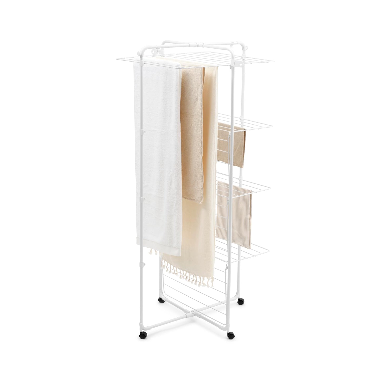Brabantia HangOn Tower Clothes Drying Rack with Wheels | 98ft (30m) | White | Tall 3-Tier Indoor Clothes Airer with Adjustable Shelves for Towels, Folds Flat to Save Space | Fits 3 Full Loads